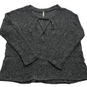 Sage Sweater Womens Large Marled Cozy Knit Black Grey Criss Cross Neck Pullover
